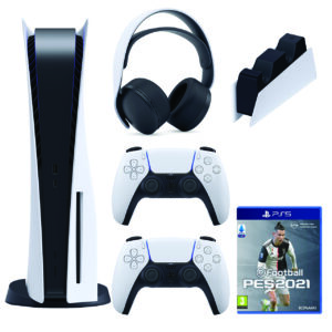 مجموعه کنسول بازی سونی مدل PlayStation 5 Drive ظرفیت 825 گیگابایت به همراه دسته اضافی و هدست و پایه شارژ و بازی PES21